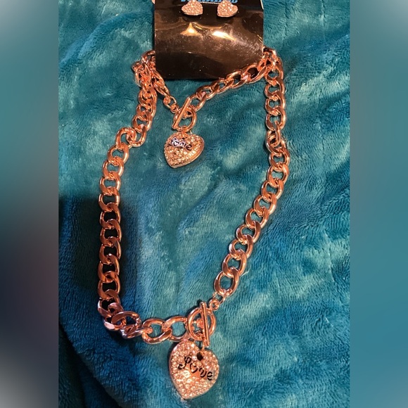 ELEGANT ROSE/GOLD 3PC CRYSTAL LOVE PUFF HEART NECKLACE BRACELET &EARRING 18Kg.p. - Picture 4 of 16